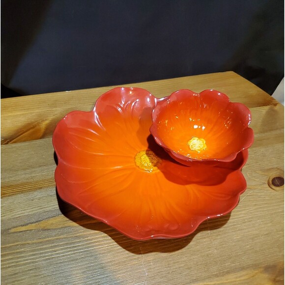 Other - 2 Grasslands Road Ceramic Red Orange Poppy Flower Shaped Bowls Plate Charc